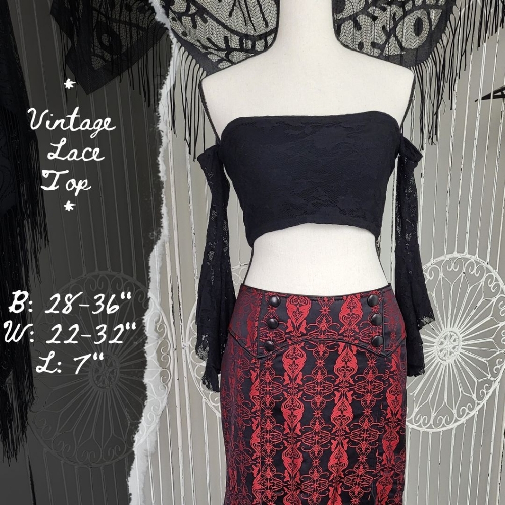 Vintage Y2K Black Off-Shoulder Lace Crop Tube Top Attached Flare Sleeves